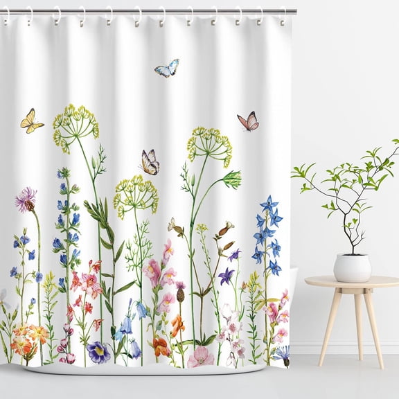 Floral Shower Curtain for Bathroom Flower Shower Curtain Butterfly Shower Curtain Watercolor Shower Curtains Set with Hooks Colorful Wildflower Pretty Floral Bathroom Decor, 72" Wx72 H