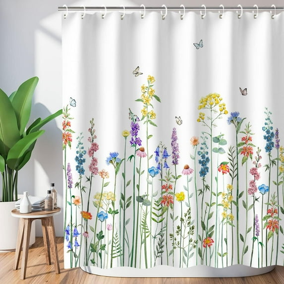 Floral Shower Curtain for Bathroom Flower Shower Curtain Watercolor Shower Curtain Colorful Butterfly Flowered Plant Wildflower Shower Curtain with Hooks, Machine Washable, 72''''Wx72''''H Spring