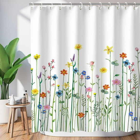 Floral Shower Curtain for Bathroom Flower Shower Curtain Watercolor Shower Curtain Wildflower Flowered Bathroom Curtain with Hooks Decorative Pretty Plant Shower Curtains, 72" W x 72" H