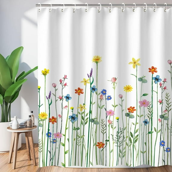 Floral Shower Curtain for Bathroom Flower Shower Curtain Watercolor Shower Curtain Wildflower Flowered Bathroom Curtain with Hooks Decorative Pretty Plant Shower Curtain, 72" W x 84 "H