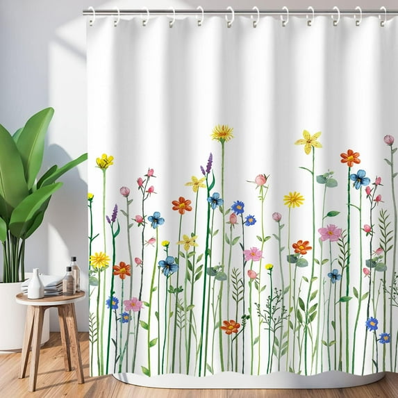 Floral Shower Curtain for Bathroom Flower Shower Curtain Watercolor Shower Curtains Wildflower Flowered Bathroom Curtain with Hooks Decorative Pretty Plant Shower Curtain, 72" W x 78" H spring