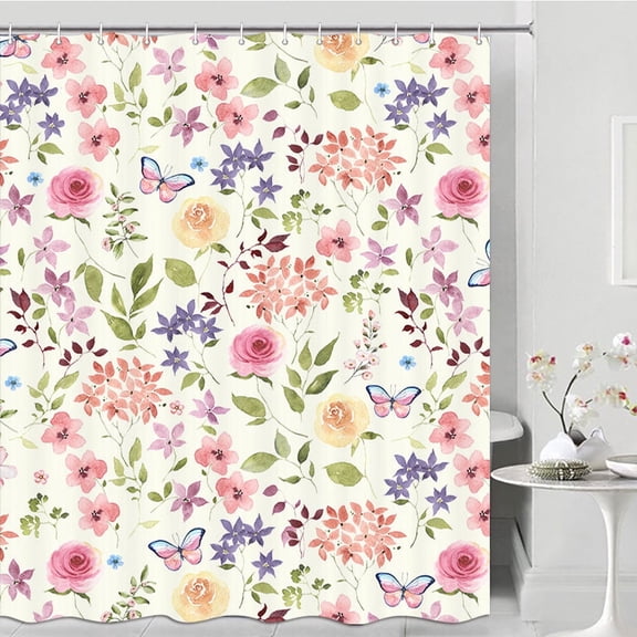Floral Shower Curtain for Bathroom, Flower Shower Curtains,Rustic Watercolor Girls Bath Curtain Flowered Shower Curtain Set with Hooks Pink Floral Bathroom Decor