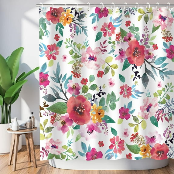 Floral Shower Curtain for Bathroom Flower Shower Curtain Watercolor Girls Shower Curtains Flowered Shower Curtain with Hooks Pink Floral Bathroom Decor Pink Shower Curtain, 72" W x 72" H