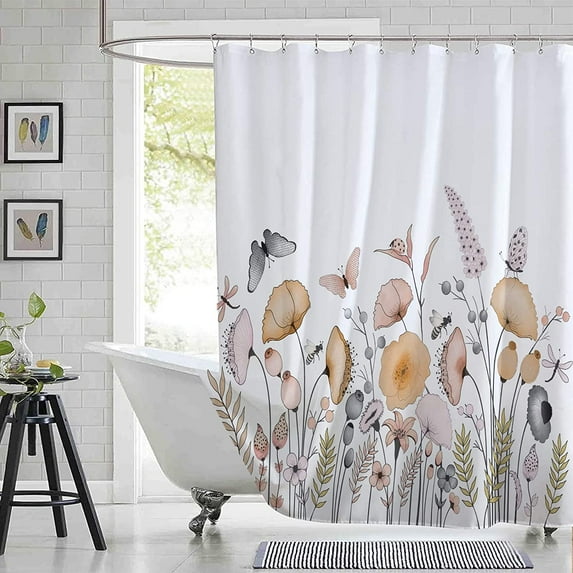 Floral Shower Curtain, Beige Pink Blush Flower Bahmroom Shower Curtains,Watercolor White Poppy Flowers Bath Curtain Sets with 12 Hooks 72x72in,Waterproof Fabric