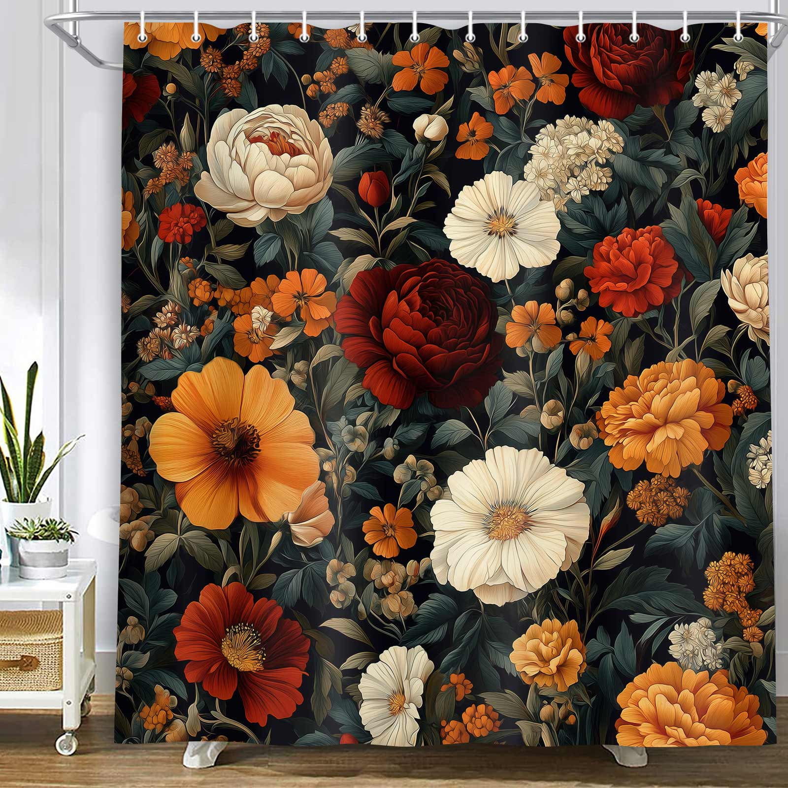 Floral Shower Curtain, Black Boho Vintage Abstract Bohemian Red Orange ...