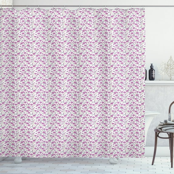 Floral Shower Curtain, Bloomed Pink Magnolia Flowers with Buds on Interconnected Twigs, Fabric Bathroom Set with Hooks, 69W X 75L Inches Long, Fuchsia Almond Green and White, by Ambesonne