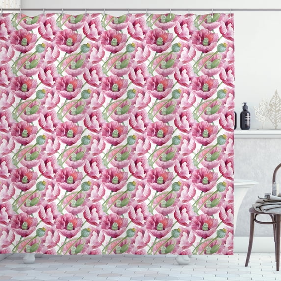 Floral Shower Curtain, Blooming Summer Garden Flowers Buds and Pistils Watercolor Illustration, Fabric Bathroom Set with Hooks, 69W X 84L Inches Extra Long, Magenta and Fern Green, by Ambesonne