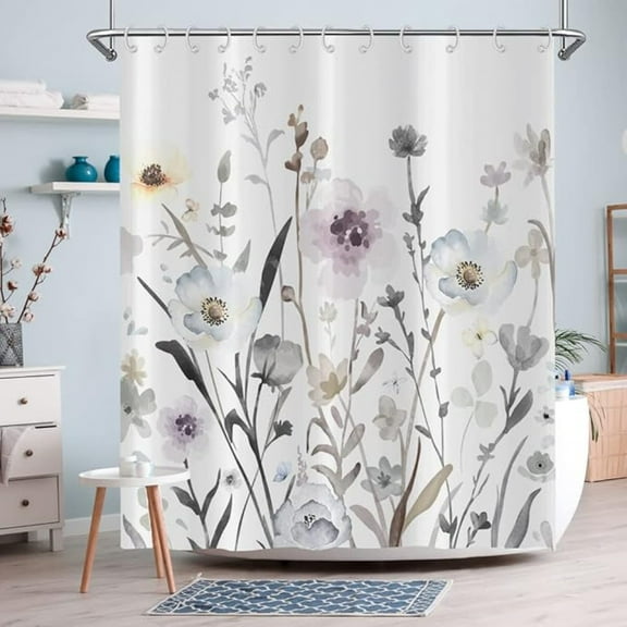 Floral Shower Curtain, Blue Grey Watercolor Flower Boho Botanical Farmhouse Bathroom Curtain Home Decor Waterproof Fabric Machine Washable With 12 Hooks 60"W x 72"L