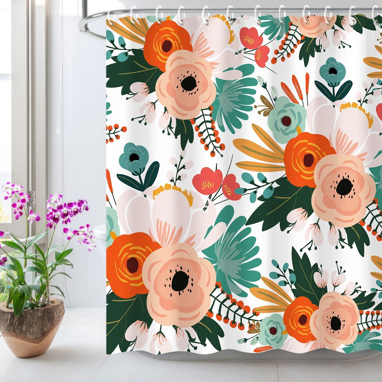 Floral Shower Curtain, Bohemian Flowers Shower Curtain Set, Colorful