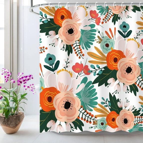 Floral Shower Curtain, Bohemian Flowers Shower Curtain Set, Colorful Red Pink Orange Blossom Poppy Shower Curtain with Hooks, Boho Fabric Decorative Bathroom Curtains Machine Washable (72x84)