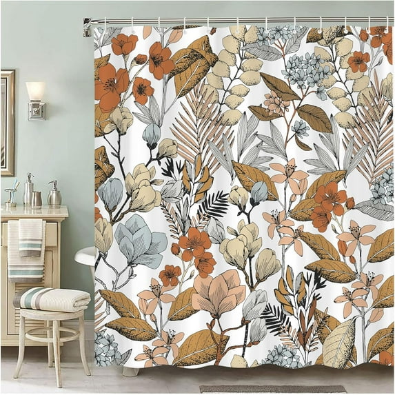 Floral Shower Curtain Boho Brown Flower Shower Curtains for Bathroom Washable Waterproof Fabric Shower Curtain Set with Hooks Botanical Fall Leaves Bathroom Decor (72x72,Brown)
