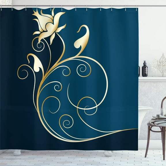 Floral Shower Curtain, Classic Ornamental Swirled Flower Beauty with Curved Petals Design, Fabric Bathroom Set with Hooks, 69W X 70L Inches, Dark Blue Gold Petrol Blue, by Ambesonne
