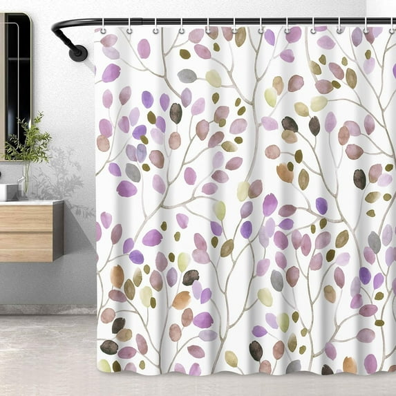 Floral Shower Curtain, Colorful Botanical Flower Leaves Bohemian Shower Curtain with Plastic Hooks, Decorative Waterproof Polyester Curtain 72x72 Inches, Plum