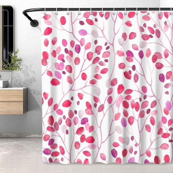 Floral Shower Curtain, Colorful Botanical Flower Leaves Boho Polyester Fabric Shower Curtain with Plastic Hooks, Bathroom Decor Machine Washable Curtain 72x72 Inches, Fuchsia