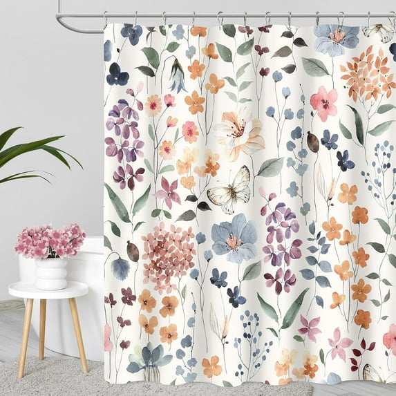 Floral Shower Curtain, Colorful Flower Fabric Shower Curtain for Bathroom, Cute Botanical Leaf Wildflower Bath Curtain Boho Vintage Rustic Trendy Cloth Shower Curtain Set, Ivory, 72x72