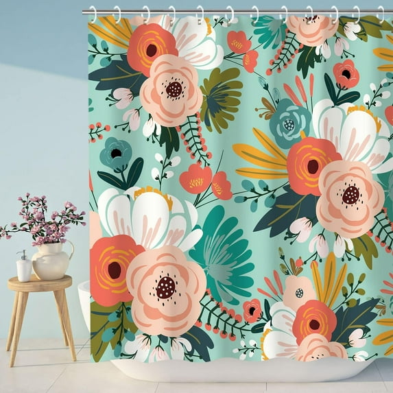 Floral Shower Curtain, Colorful Flowers Fabric Bathroom Curtain Set with Hooks Blossom Bathroom Decor (Green, 72WX72H Inches)