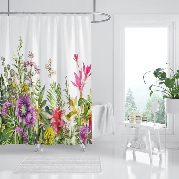 Floral Shower Curtain, Colorful Plant Flower Shower Curtain Set, Red Wildflower Botanical Shower Curtains for Bathroom, Waterproof Fabric with 12 Hooks, 72 x 72 Inches