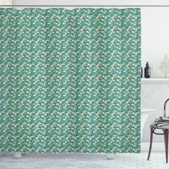Floral Shower Curtain, Crooked Twiggy Branches of Flourishing White Magnolia Flowers and Bud, Fabric Bathroom Set with Hooks, 69W X 84L Inches Extra Long, Teal Dark Brown and Ivory, by Ambesonne