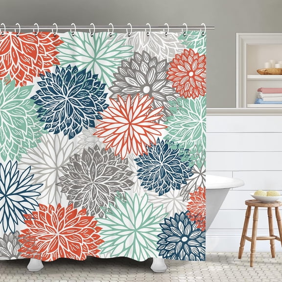 Floral Shower Curtain Dahlia Shower Curtains Set with 12 Hooks Flower Shower Curtain Teal and Gray Blue Green Shower Curtain Turquoise Mandala Floral Bathroom Decor, 72" W x 72" H