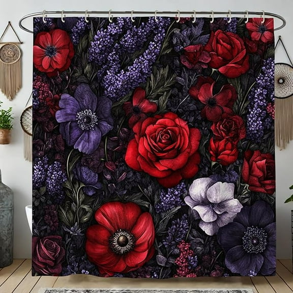 Floral Shower Curtain, Dark Floral Red And Violet Flower Shower Curtain For Bathroom Decor, Autumn Winter Modern Vintage Waterproof Fabric Shower Curtain Set With Hooks 36"W x 72"L