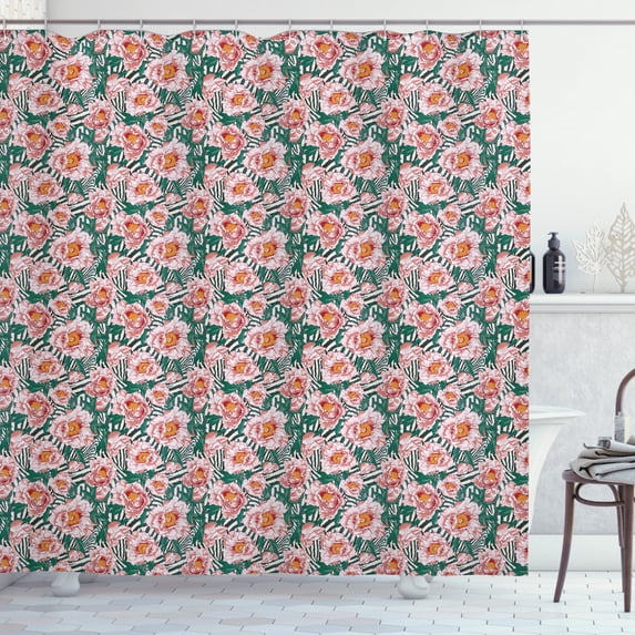 Floral Shower Curtain, Digitally Generated Detailed Budding Flowers Tropical Feels, Fabric Bathroom Set with Hooks, 69W X 75L Inches Long, Forest Green Multicolor, by Ambesonne