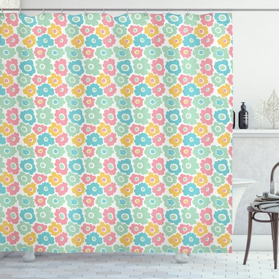 Floral Shower Curtain, Doodle Sketch of Pastel Colored Petals in Different Abstract Forms Childish Pattern, Fabric Bathroom Set with Hooks, 69W X 84L Inches Extra Long, Multicolor, by Ambesonne