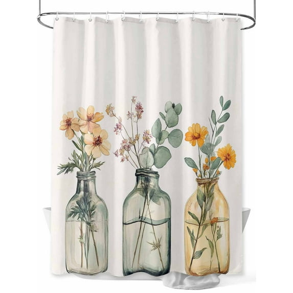 Floral Shower Curtain, Eucalyptus Leaf Daisy Bottle Bathroom Decor Curtains Set with Hooks, Gold Sage Green Waterproof Fabric Home Accessories, 72X 96 Inch Extra Long