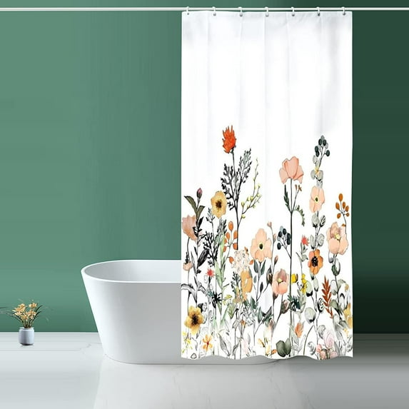 Floral Shower Curtain, Fabric Shower Curtain White Shower Curtain - 72" W x 72" L with 12 Hooks for Home Hotels Machine Washable Shower Bath Curtain, Waterproof Shower Curtain Lining