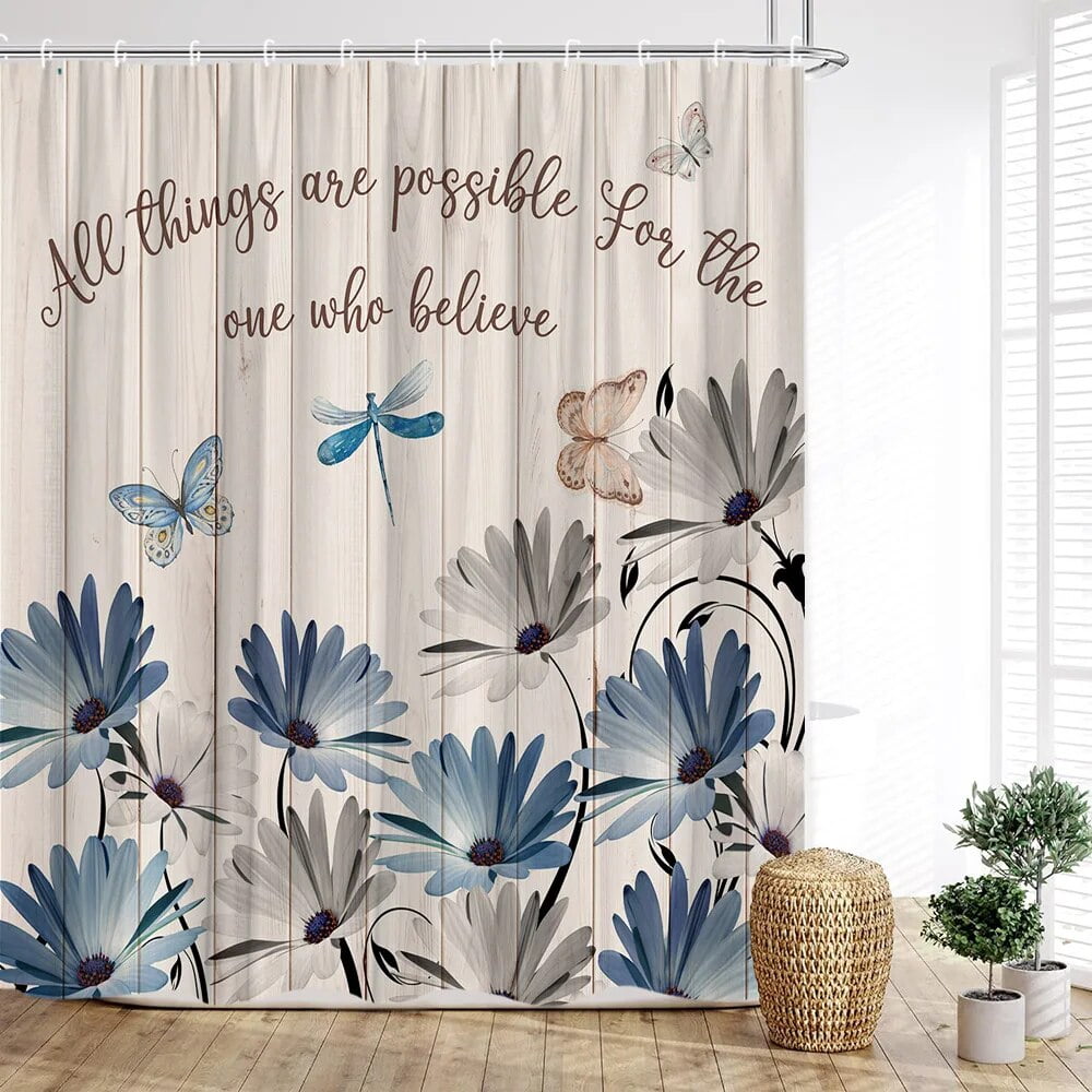 Floral Shower Curtain Farm Daisy Dragonfly Rustic Wood Paneling