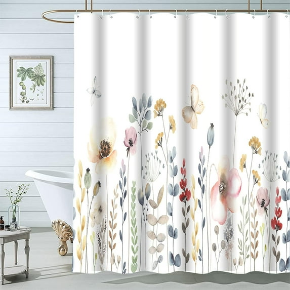 Floral Shower Curtain, Farmhouse Shower Curtains for Bathroom, Watercolor Floral and Butterflies Bathroom Decor Shower Curtain Waterproof Fabric Shower Curtain Set with Hooks 72x72 in