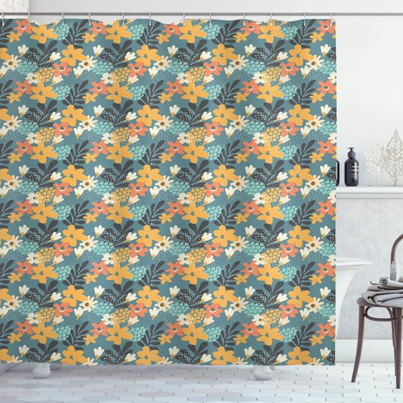 Floral Shower Curtain, Flourishing Abstract Garden Hand Drawn Doodle Style Dots and Petals Colorful Design, Fabric Bathroom Set with Hooks, 69W X 70L Inches, Multicolor, by Ambesonne