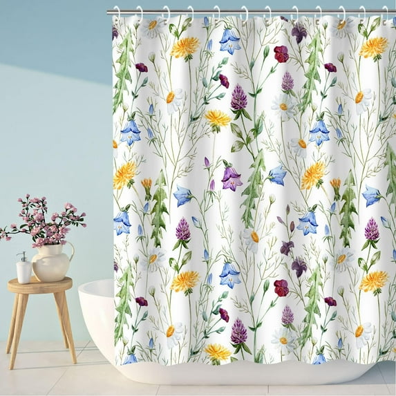 Floral Shower Curtain, Flower Shower Curtain, Colorful Flower Shower Curtain for Bathroom, Green Leaf and Wildflower Shower Curtain, 72" x 72" Inches