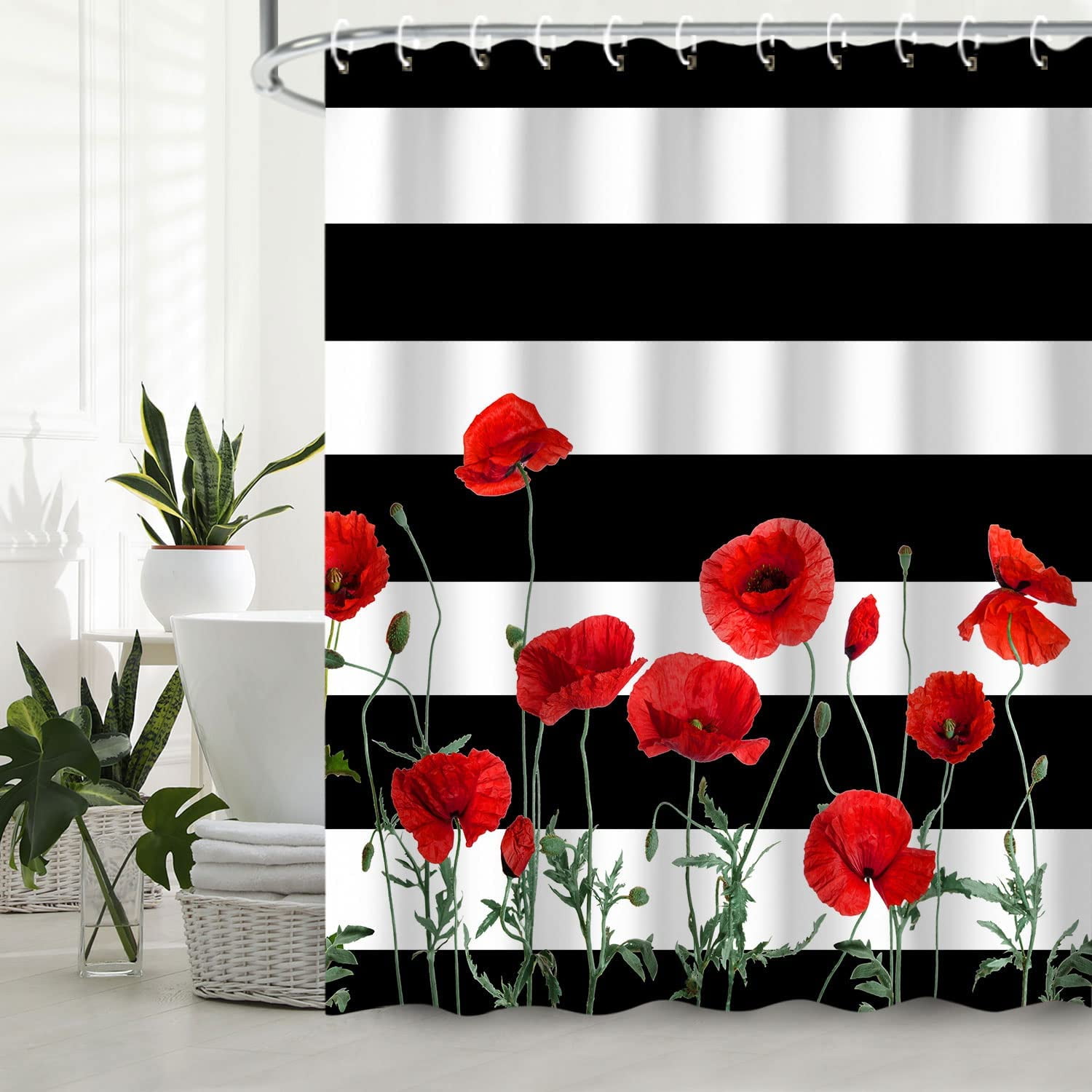 Floral Shower Curtain Flower Shower Curtain Shower Curtain Stripe Poppy Shower Curtain Black and White Striped Shower Curtains Set with Hooks Red and White Shower Curtains for Bathroom, 72" Wx72 H