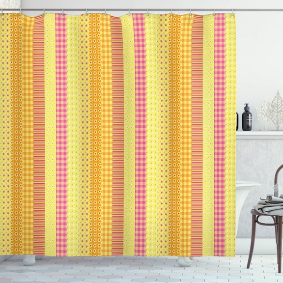 Ambesonne Cartoon Shower Curtain, Flower Stars Stripes Motif, 69"Wx84"L, Marigold Yellow Pink