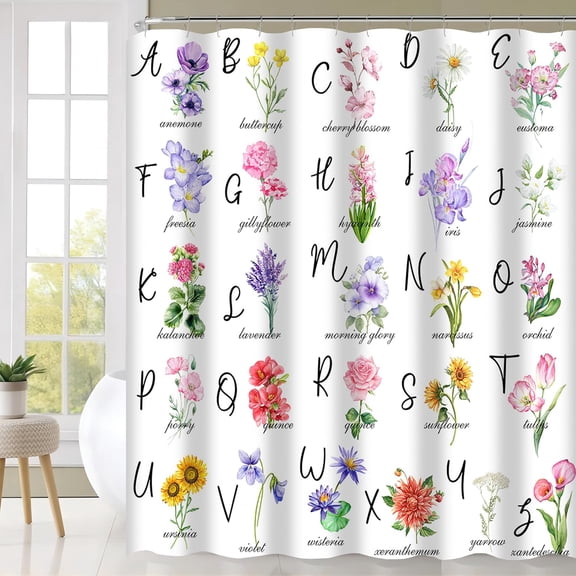Floral Shower Curtain for Girls Alphabet ABC Modern Watercolour Aesthetics Flowers Shower Curtain with 12 Colorful Flowers Waterproof Fabric Shower Curtain, 72 x 72 Inch