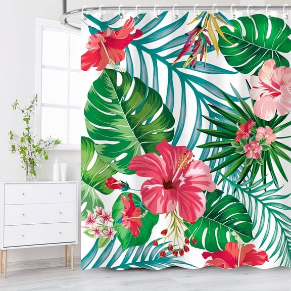 Floral Shower Curtain, Green Shower Curtain, Tropical Shower Curtains for Bathroom, Flower Shower Curtain, Botanical Shower Curtain Set with 12 Hooks, Plant Bathroom Decor, 72X72 inches