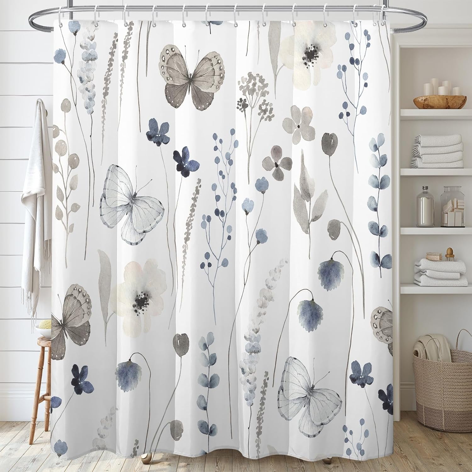 Floral Shower Curtain,Grey and Blue Flowers Shower Curtains for Bathroom,Watercolor Pretty Butterfly White Bath Curtain Sets with 12 Plastic Hooks,Waterproof Fabric 72x72 Inches
