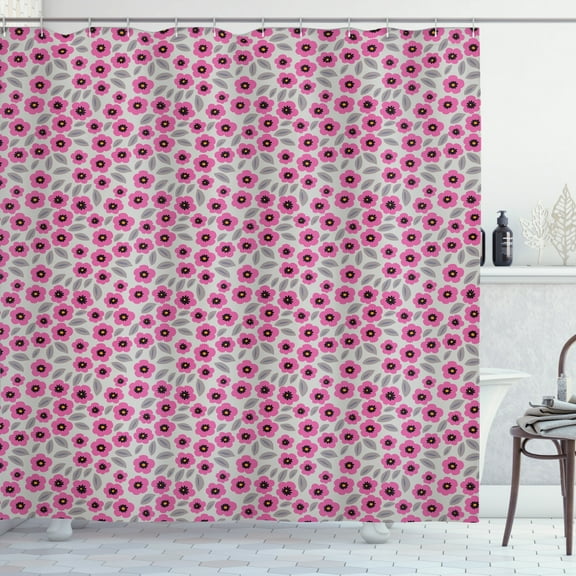 Floral Shower Curtain, Image of Poppy Flowers and Greyscale Leaves in Repeated Pattern, Fabric Bathroom Set with Hooks, 69W X 70L Inches, Pale Taupe and Pale Fuchsia, by Ambesonne