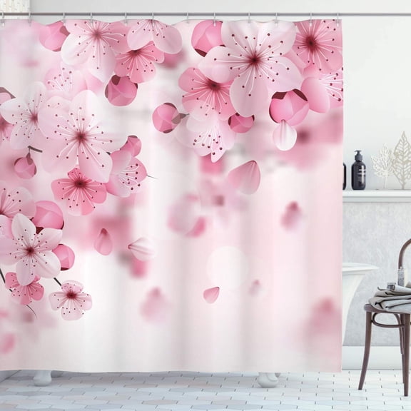 Floral Shower Curtain, Japanese Sakura Flowers Blossoms Eastern Spring Nature Theme Illustration, Cloth Fabric Bathroom Decor Set with Hooks, 69" W x 70" L, Pale Pink Pale Pink