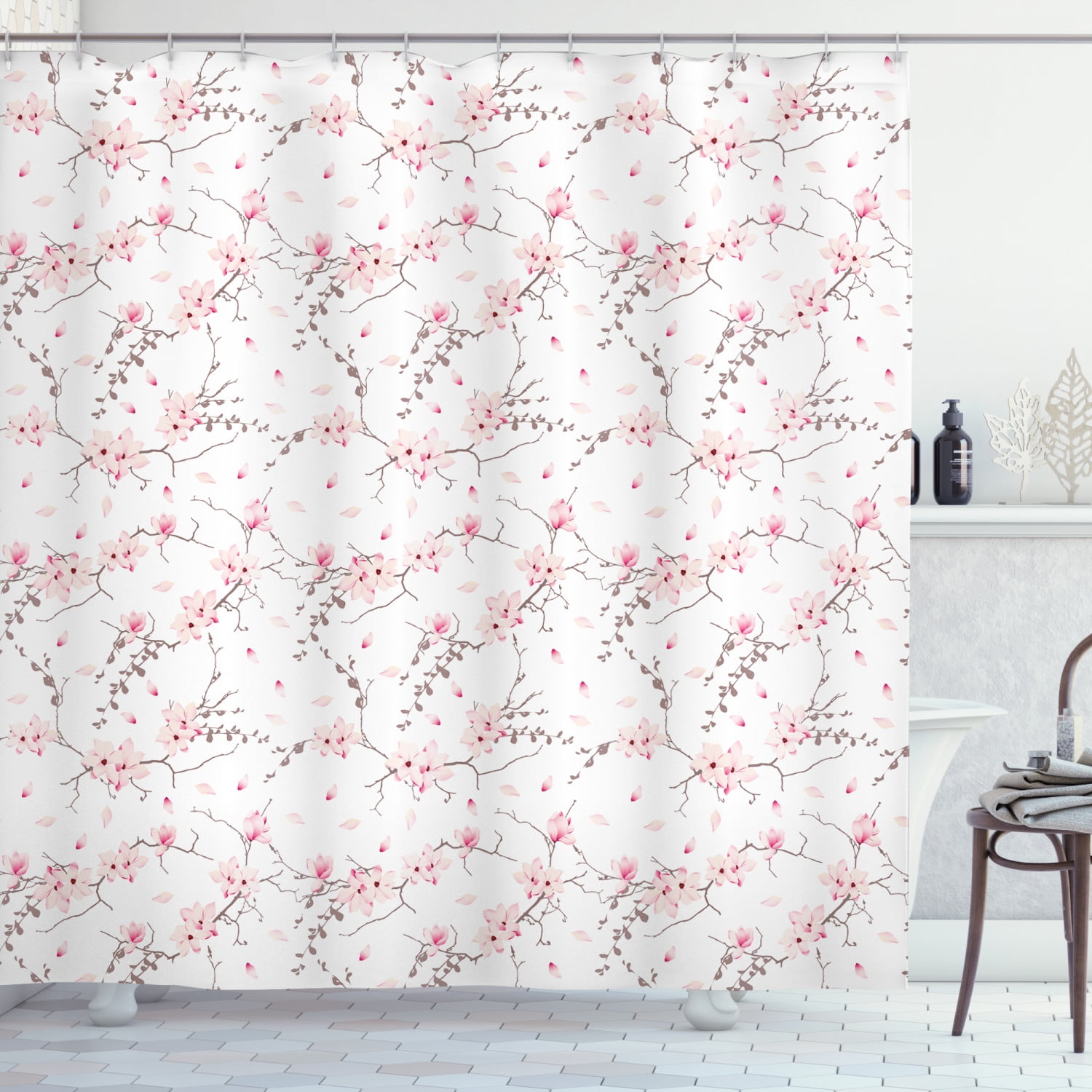 Floral Shower Curtain, Magnolia Flowers on Branches and Falling Pinkish Flower Petals Pattern, Fabric Bathroom Set with Hooks, 69W X 84L Inches Extra Long, Pale Pink Mauve Taupe, by Ambesonne