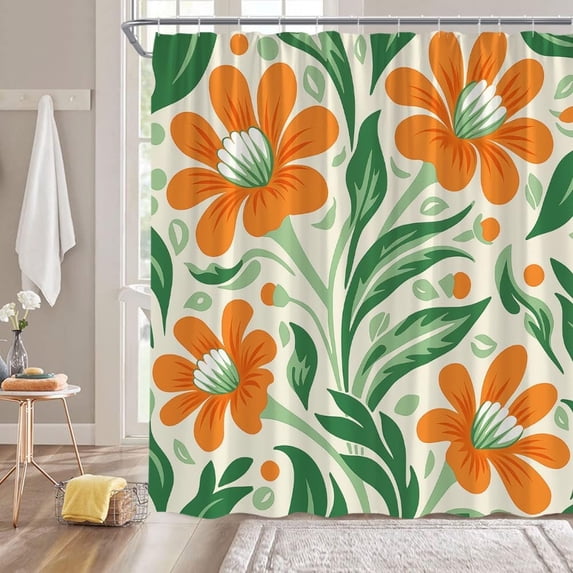 Floral Shower Curtain Orange Boho Flower Green Abstract Leaves Rustic Vintage Spring Plant Modern Minimalist Botanical Bathroom Decor Fabric Bathroom Sets with Hooks