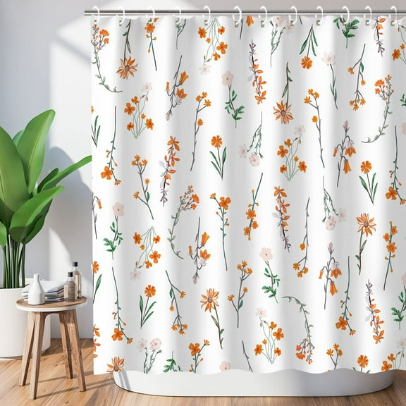 Floral Shower Curtain, Orange Shower Curtain, Flower Shower Curtain, Plant Shower Curtains Set with 12 Hooks, Watercolor Bathroom Decor, 72"x72"
