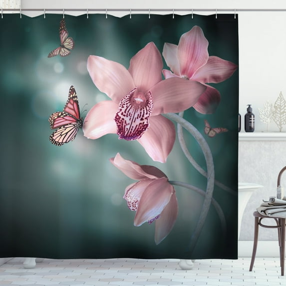 Floral Shower Curtain, Orchid Flower with Butterfly Soft Fresh Spring Nature Theme Art Photo, Fabric Bathroom Set with Hooks, 69W X 70L Inches, Baby Pink and Jade Green, by Ambesonne