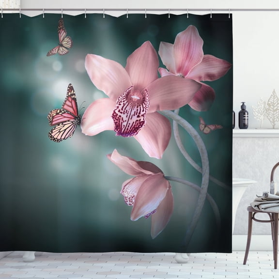 Floral Shower Curtain, Orchid Flower with Butterfly Soft Fresh Spring Nature Theme Art Photo, Fabric Bathroom Set with Hooks, 69W X 84L Inches Extra Long, Baby Pink and Jade Green, by Ambesonne