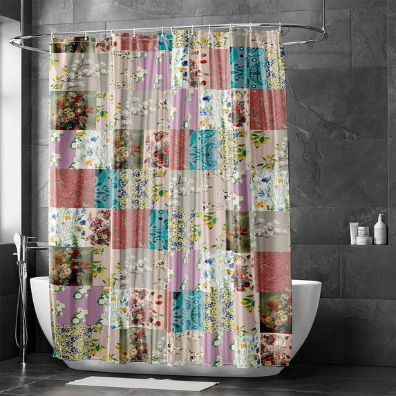 Floral Shower Curtain, Patchwork Boho Shower Curtain Design Various Flowers Print Paisley Pattern Bathroom Curtains for Farmhouse Cottage Vintage Style, 69X70 Inches
