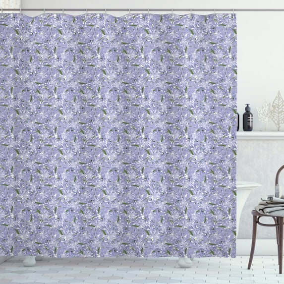 Floral Shower Curtain, Phlox Divaricata Flowers and Leaves Pattern, Fabric Bathroom Set with Hooks, 69W X 75L Inches Long, Lavender Blue Olive Green Pastel Purple and White, by Ambesonne