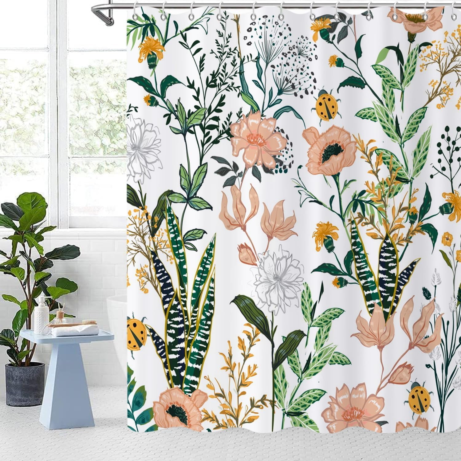 Floral Shower Curtain, Pink Flowers Tropical Leaves with Green Grey Branches Botanical Plants