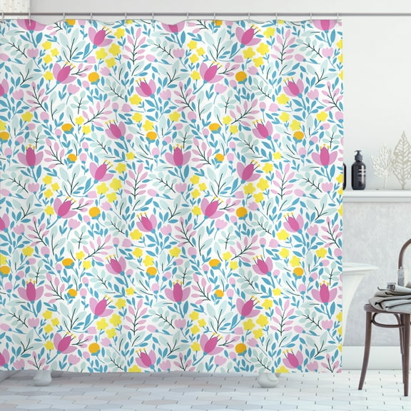 Floral Shower Curtain, Pink and Yellow Colored Flowers in Bloom Buds with Leaves on Plain Background Print, Fabric Bathroom Set with Hooks, 69W X 75L Inches Long, Multicolor, by Ambesonne