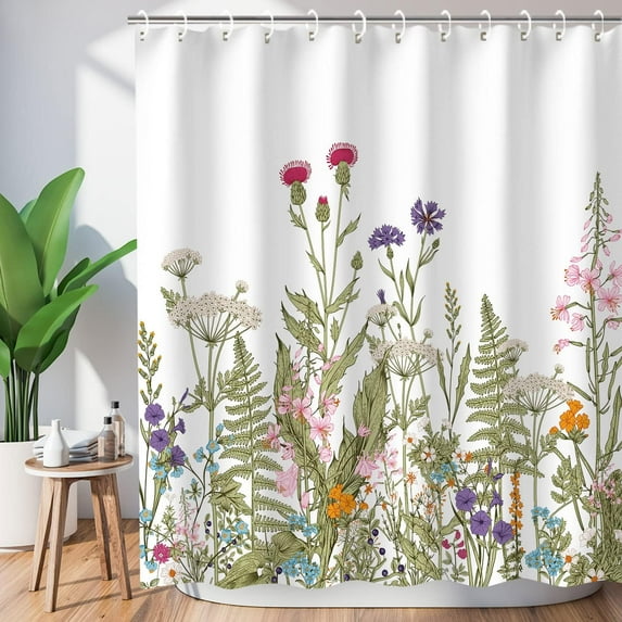 Floral Shower Curtain Plant Shower Curtain Vintage Shower Curtain Green Floral Flower Botanical Shower Curtains for Bathroom with 12 Hooks Pretty Wildflower Greenery, 72" W x 72" H