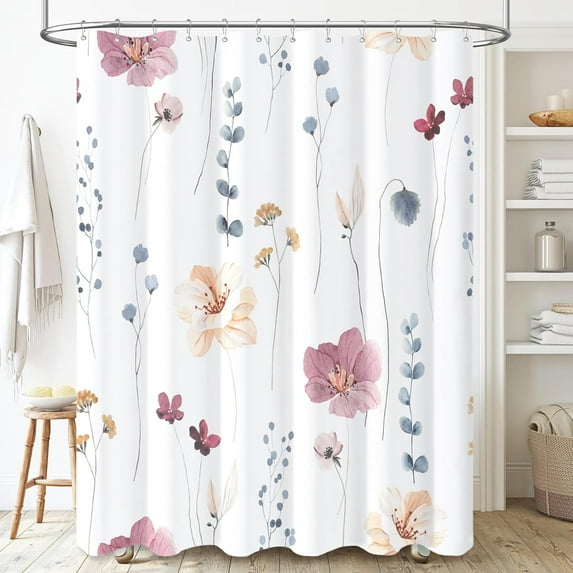 Floral Shower Curtain - Plum Beige Watercolor Flower Leaves Fabric Shower Curtain Set with Plastic Hooks, Modern Minimalist Decorative Waterproof Cloth Shower Curtains for Bathroom, 72x72